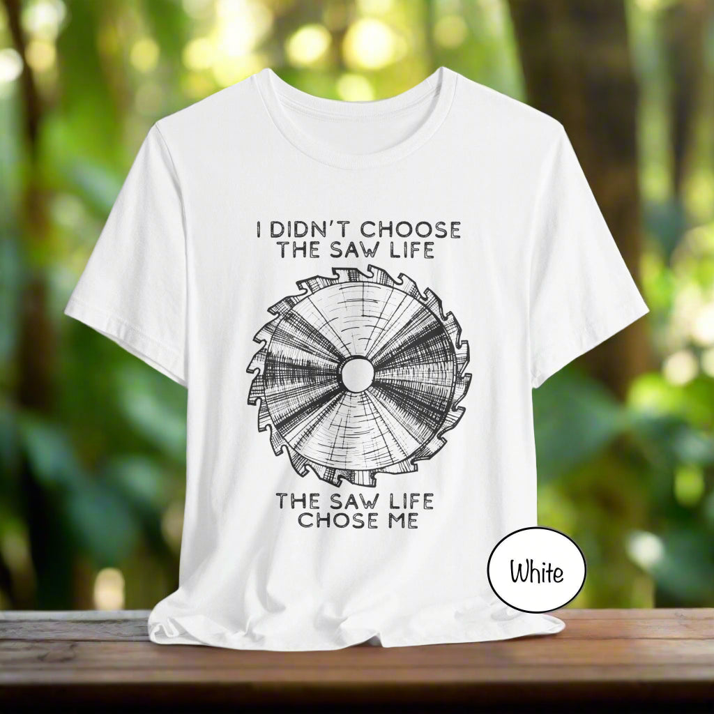 White t-shirt with black graphic and text on a white background