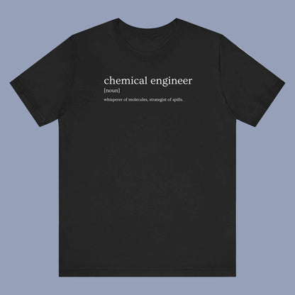 Black t-shirt with text 'chemical engineer' on a white background