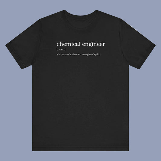Black t-shirt with text 'chemical engineer' on a white background
