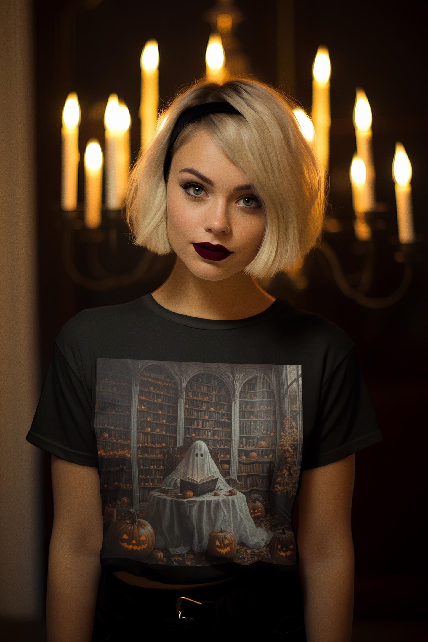 Woman wearing a black t-shirt with a ghost and pumpkin design in front of candles.