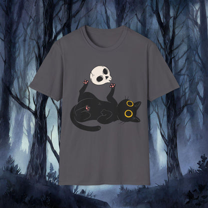 Gray t-shirt with a black cat and skull design against a dark forest background