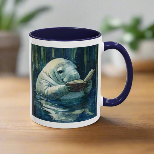 Mug with a design of a manatee reading a book in a forest setting.