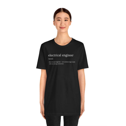 Person wearing a black t-shirt with 'electrical engineer' definition text on a white background
